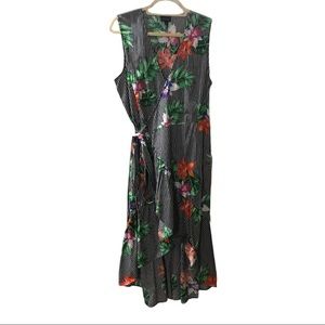 Tropical flower and striped wrap dress hi/lo hem